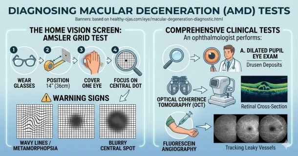 Medical educational infographic explaining macular degeneration tests, demonstrating how to use the Amsler Grid at home alongside clinical exams like Optical Coherence Tomography (OCT) and dilated eye testing.