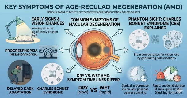 Medical educational infographic charting the symptoms of macular degeneration, demonstrating increased lighting needs, wavy visual line distortions, Charles Bonnet hallucinations, and the difference between dry and wet progression timelines.