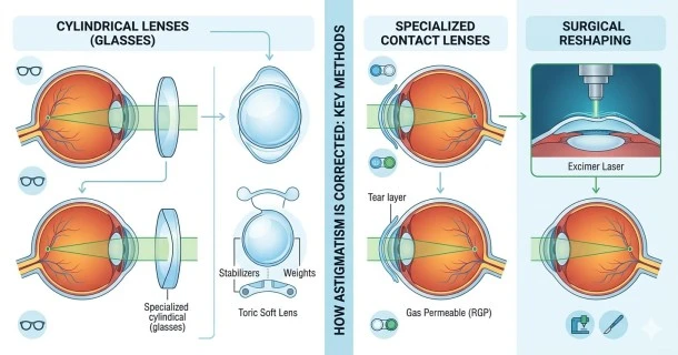 A medical infographic illustrating the core astigmatism correction methods: prescription cylindrical eyeglasses, specialized toric contact lenses, and reshaping the cornea via laser eye surgery (LASIK/PRK).