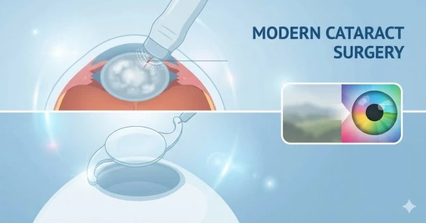 Medical illustration of a flexible intraocular lens being implanted into the eye capsule during modern cataract surgery.