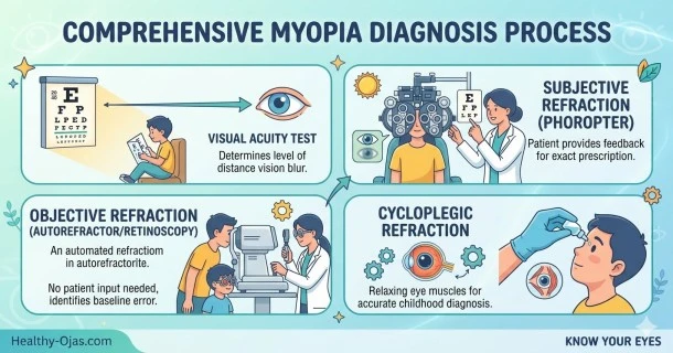 Infographic explaining myopia testing methods including visual acuity with a Snellen eye chart, subjective refraction via a phoropter, and objective examination using a retinoscope.