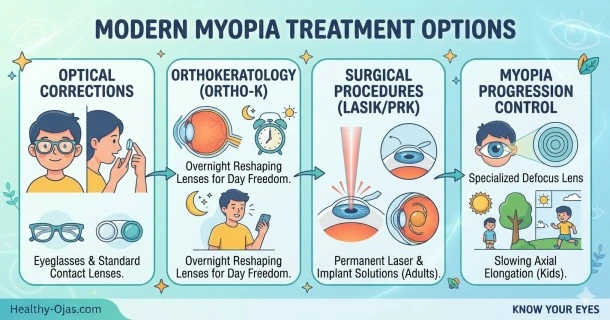 Infographic displaying modern myopia treatment options including optical corrections like glasses, orthokeratology overnight lenses, refractive laser surgery, and vision therapy.
