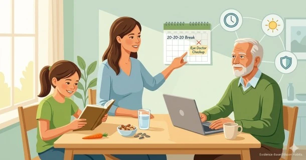 Medical infographic showing evidence-based natural eye care habits, featuring the 20-20-20 rule diagram, a protected tear film, and healthy foods for vision.