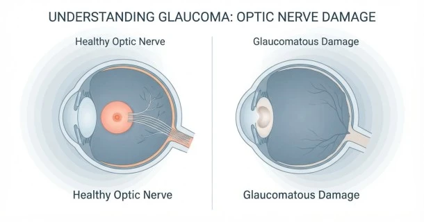 Medical illustration comparing the fluid drainage pathways in primary open-angle glaucoma versus acute angle-closure glaucoma in a human eye cross-section.