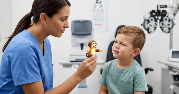 A young boy undergoing a thorough pediatric visual evaluation with a female optometrist to look for signs of eye strain and tracking problems.