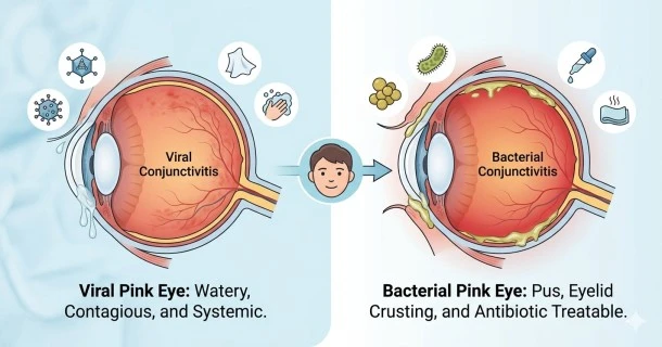 Educational medical illustration comparing viral and bacterial pink eye symptoms, showing watery discharge versus thick yellow bacterial crust.