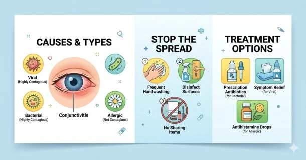 Medical infographic banner showing pink eye treatment and care steps, including proper handwashing hygiene and the application of a soothing compress alongside a prescription eye drop bottle.