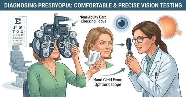 Informative medical infographic showcasing an adult patient undergoing a professional eye exam, detailing the phoropter refraction assessment and a handheld near visual acuity chart test.