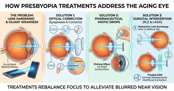 Medical infographic detailing how presbyopia treatments work, illustrating progressive eyeglasses reshaping incoming light, multifocal contacts, pupil-shrinking eye drops, and surgical lens replacements.
