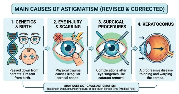 A medical infographic detailing the primary causes of astigmatism, featuring minimalist icons and clear labels for genetics, eye injuries, ocular surgery, and advanced corneal conditions like keratoconus.