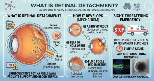Medical educational infographic demonstrating retinal detachment, showing vitreous fluid passing through a hole to lift the retina tissue alongside anatomical callouts.