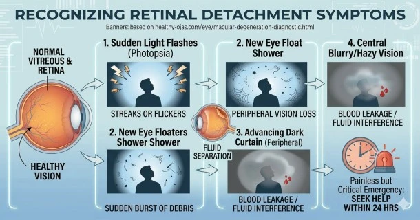 Medical educational infographic charting the classic visual symptoms of retinal detachment, highlighting flashes of light, an influx of eye floaters, cloudy vision, and an advancing dark curtain shadow.