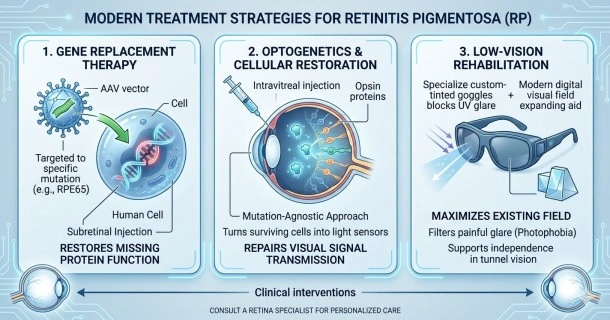 Medical infographic outlining the primary clinical treatment strategies for retinitis pigmentosa, showcasing mutation-specific gene replacement therapy, mutation-agnostic optogenetics, and foundational low-vision rehabilitation solutions.