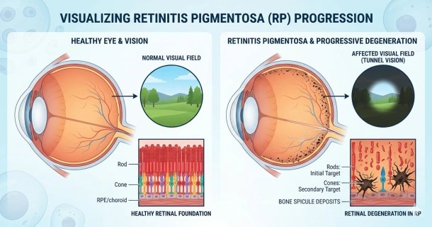 Medical graphic comparison showing a normal healthy eye retina versus an eye with retinitis pigmentosa highlighting bone spicule pigment deposits, pale optic nerve, and narrow blood vessels.