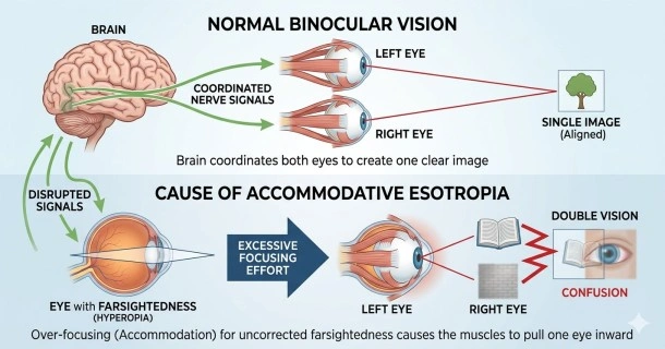 Medical infographic illustrating the major causes of strabismus, including eye muscle nerve signaling errors, severe uncorrected farsightedness, genetics, and neurological conditions like stroke.