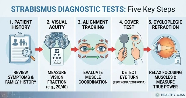 Medical illustration showcasing core elements of a comprehensive strabismus exam, including a phoropter refraction check, visual acuity reading chart, and eye muscle alignment testing.