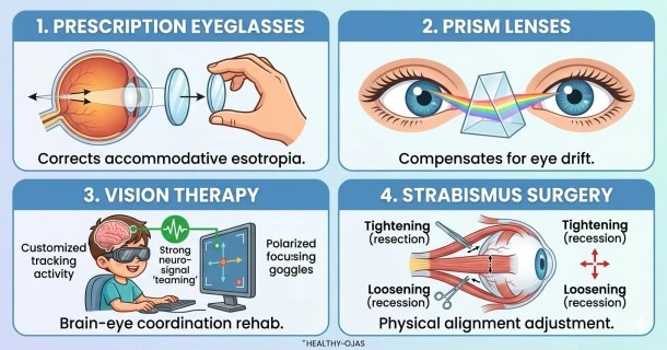 Medical infographic showcasing the four main strabismus treatment options: corrective eyeglasses, directional prism lenses, neurological vision therapy exercises, and eye muscle alignment surgery.