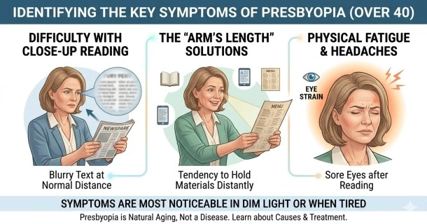 Comprehensive visual guide outlining the common everyday signs and symptoms of presbyopia, including reading at arm's length, severe eyestrain, and headaches.