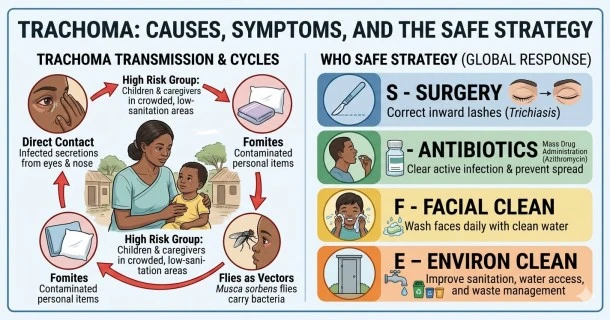An educational infographic outlining trachoma causes, symptoms, and the clinical WHO SAFE treatment protocol, illustrating the journey from early transmission to prevention.