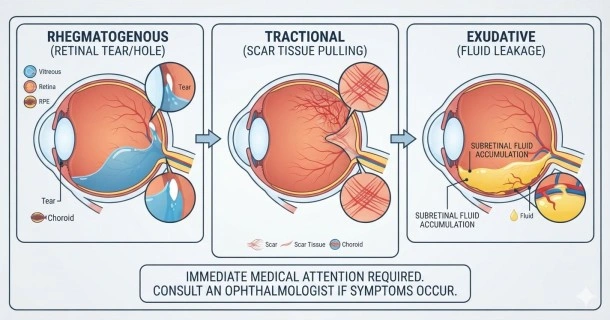 Medical cross-section illustration of a human eye showing a posterior vitreous detachment where shrinking gel creates a retinal tear, leading to fluid accumulation and retinal detachment.