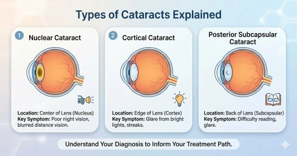 Medical infographic detailing the three types of cataracts by anatomical location: nuclear sclerotic in the core nucleus, cortical along the outer cortex, and posterior subcapsular at the back of the lens.