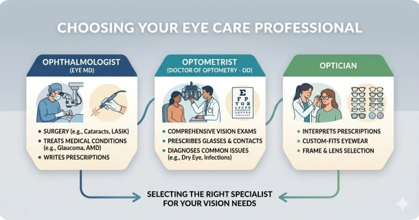An infographic overview illustrating the key differences between an Ophthalmologist examining an eye, an Optometrist using a phoropter, and an Optician adjusting eyeglasses.