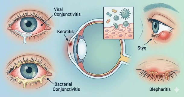 Educational medical infographic banner displaying structured common eye infections including pink eye, a stye on the eyelid, and blepharitis with microbial icons