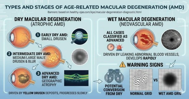 Medical educational infographic comparing the two types of macular degeneration, demonstrating the slow progression stages of dry AMD driven by yellow drusen deposits versus the rapid leakage of blood vessels in wet AMD.