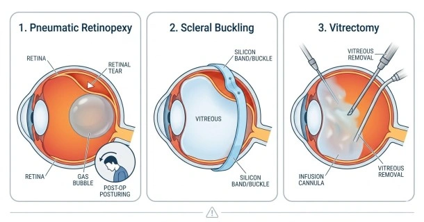 Educational medical diagram illustrating the three major procedures for retinal detachment surgery: pneumatic retinopexy with a gas bubble, scleral buckling with an external silicone band, and a vitrectomy removing vitreous gel.