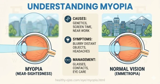 Medical illustration of an eye with myopia showing incoming light rays focusing in front of the retina instead of directly on it, causing blurry distance vision.