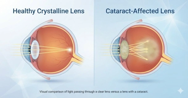 Medical illustration comparing a normal eye with a clear lens to an eye with a cataract showing a cloudy crystalline lens scattering light.