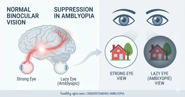 Medical illustration showing the brain-eye connection in amblyopia, where the brain suppresses a blurry visual signal from a lazy eye while favoring a clear signal from the normal eye.