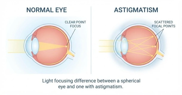 Medical illustration comparing a normal eye focusing light on a single point versus an astigmatism eye with an oval cornea scattering light rays.