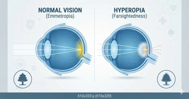 Medical illustration showing light rays entering a farsighted eye and focusing behind the retina due to hyperopia.