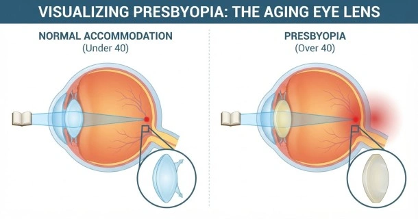 Medical infographic diagram comparing a flexible young eye lens focusing light perfectly on the retina versus an older hardened lens focusing light behind the retina due to presbyopia.