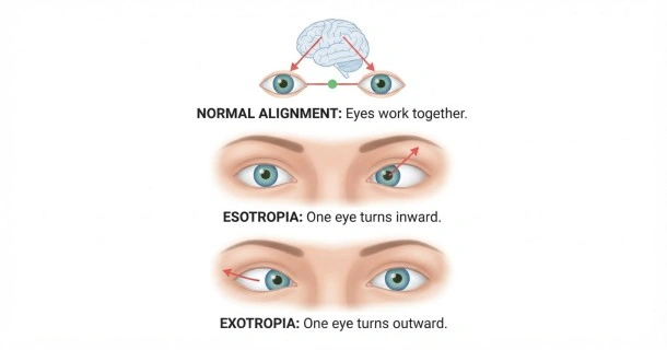 Medical illustration comparing normal eye alignment with strabismus (crossed eyes), where one eye focuses forward while the other turns inward.