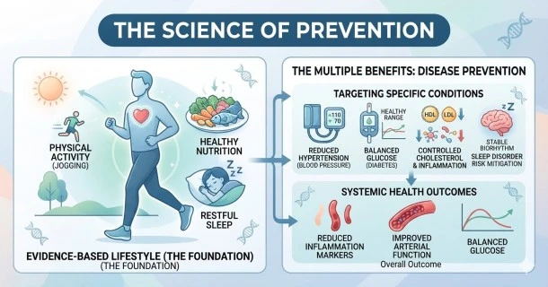 Evidence-based lifestyle medicine infographic cleanly divided into two comparison panels. The left side showcases positive clinical interventions labeled 'Whole Foods', 'Active Lifestyle', and 'Restful Sleep'. The right side highlights their chronic medical counters labeled 'Diabetes', 'Hypertension', 'High Cholesterol', and 'Sleep Disorders'.