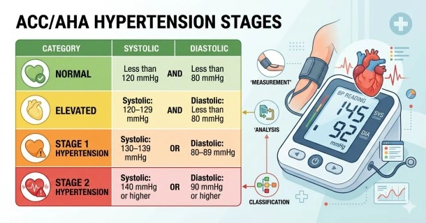 ACC/AHA Hypertension Stages'. The left section presents a color-coded vertical classification table detailing adult blood pressure stages: Normal (under 120/80 mmHg in green), Elevated (120–129/<80 mmHg in yellow), Stage 1 Hypertension (130–139/80–89 mmHg in orange), and Stage 2 Hypertension (140/90 mmHg or higher in red). The right section displays an automated digital upper-arm blood pressure monitor showcasing a verified clear reading alongside cardiac and pulse trend vector graphics.