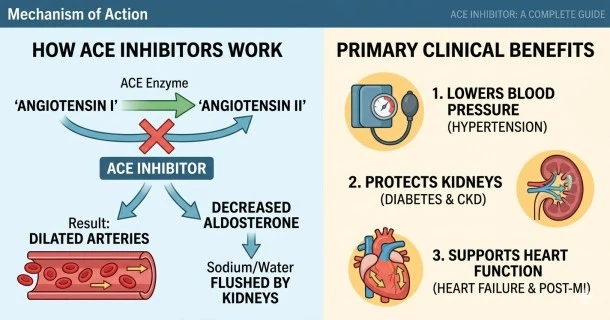 A medical graphic illustrating the action of ACE inhibitors on a human body silhouette, alongside prescription pills and a blood pressure readout to explain cardiovascular treatment.