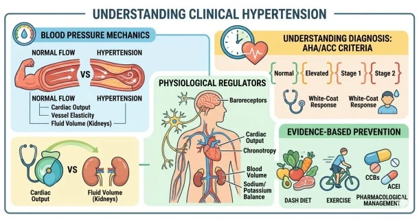 Medical infographic illustrating clinical hypertension categories alongside a human arm showing automated tracking. Visual segments highlight key internal drivers—heart rate, fluid volume, and vessel wall elasticity—contrasted with a standardized diagnostic range chart for Stage 1 and Stage 2 hypertension.