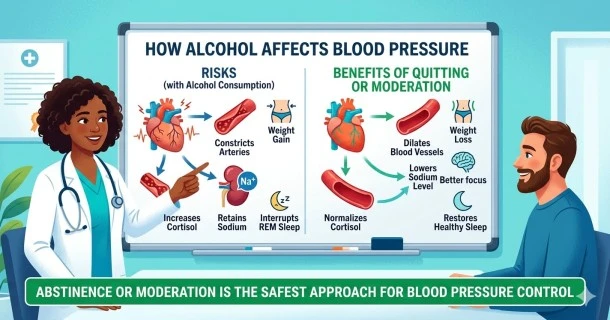 An educational horizontal medical infographic displaying standard alcoholic drinks like wine and beer next to a digital blood pressure monitor showing high metrics to highlight how alcohol impacts vascular resistance.