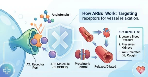 A clinical diagram illustrating the mechanism of Angiotensin Receptor Blockers (ARBs) blocking hormone receptors to keep blood vessels open and reduce blood pressure.