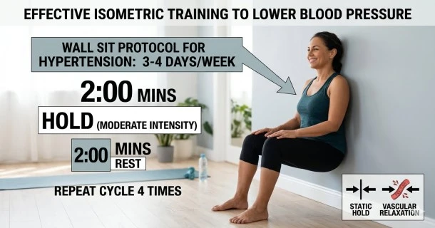 An educational horizontal graphic summarizing the safe exercise boundaries for hypertension, mapping out recommended protocols for aerobic activities, dynamic resistance strength workouts, and wall-sit isometric training.