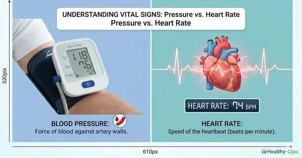 Comparison chart between blood pressure and heart rate showing normal vitals, a digital BP monitor, and a heartbeat pulse wave