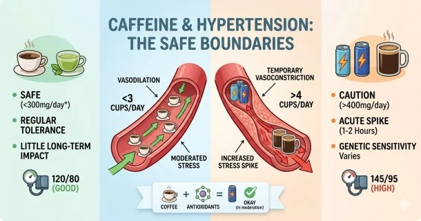 A horizontal medical educational infographic graphic illustrating a warm cup of coffee and a clear glass of green tea next to an upper-arm blood pressure tracking machine to highlight safe daily caffeine limits.