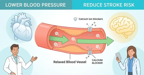 A medical infographic explaining how Calcium Channel Blockers (CCBs) work, demonstrating blockades on cellular channels alongside core clinical advantages like blood vessel dilation, kidney protection, and heart management.
