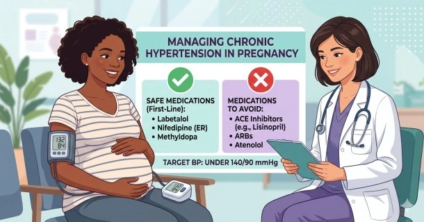 An educational illustration showing a pregnant woman tracking her blood pressure at home with a digital monitor next to a pregnancy-safe medication bottle.