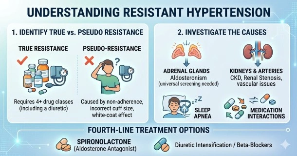 True vs. Pseudo Resistant Hypertension'. The left panel details 'True Resistant Hypertension', illustrating a multi-drug regimen of 3+ medications failing to lower high blood pressure alongside human organ graphics highlighting secondary drivers like primary aldosteronism or kidney dysfunction. The right panel outlines 'Pseudo-Resistant Hypertension', showcasing external errors like patient dose non-adherence, an undersized or inaccurate blood pressure cuff, and white-coat office anxiety.