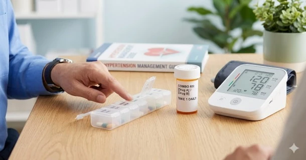 A medical prescription bottle and a single dose pill arranged neatly on a clean surface, with a calming visual backdrop suggesting balanced cardiovascular health.