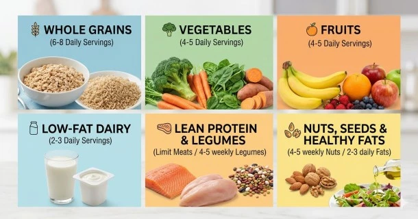 A horizontal graphic layout showing heart-healthy foods of the DASH diet plan such as fresh vegetables, salmon, berries, and whole grains alongside text indicators highlighting potassium, calcium, and magnesium.